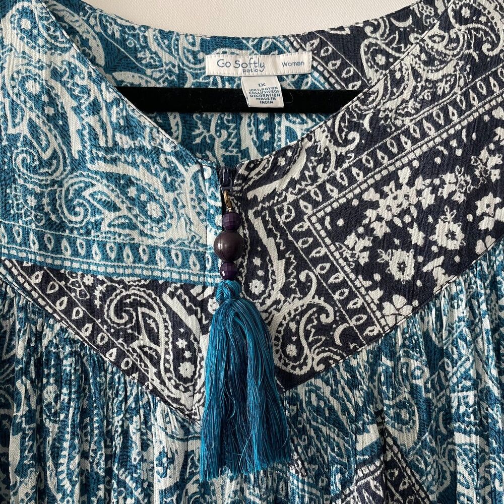 Go Softly Patio Dress Womens 1X Teal Navy Paisley Rayon Zip Front Tassel - Picture 5 of 12